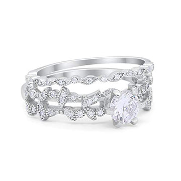 Art Deco Engagement Ring Round Piece Simulated Cubic Zirconia 925 Sterling Silver
